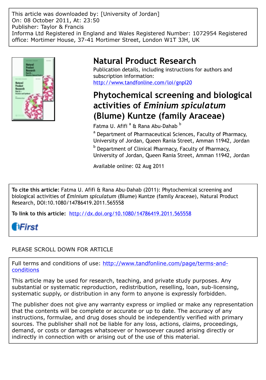 Phytochemical Screening and Biological Activities of Eminium Spiculatum (Blume) Kuntze (Family Araceae) Fatma U