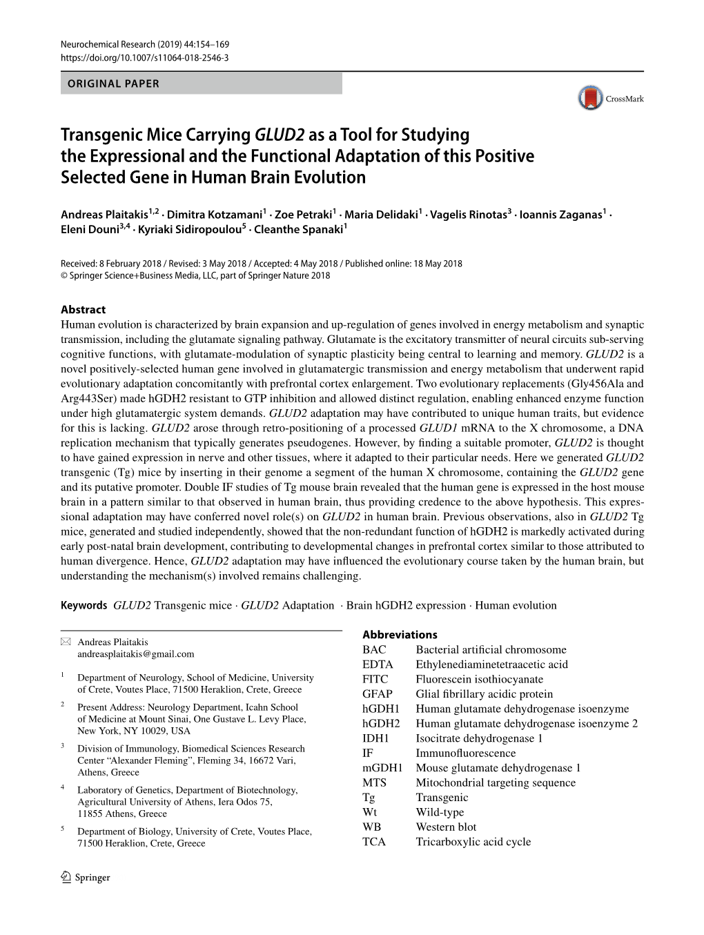 Transgenic Mice Carrying GLUD2 As a Tool for Studying the Expressional and the Functional Adaptation of This Positive Selected Gene in Human Brain Evolution