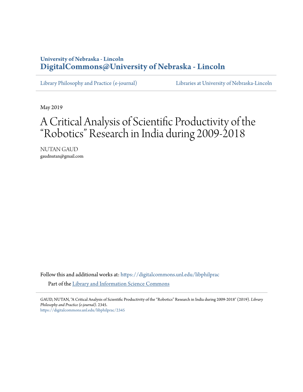 A Critical Analysis of Scientific Productivity of the “Robotics