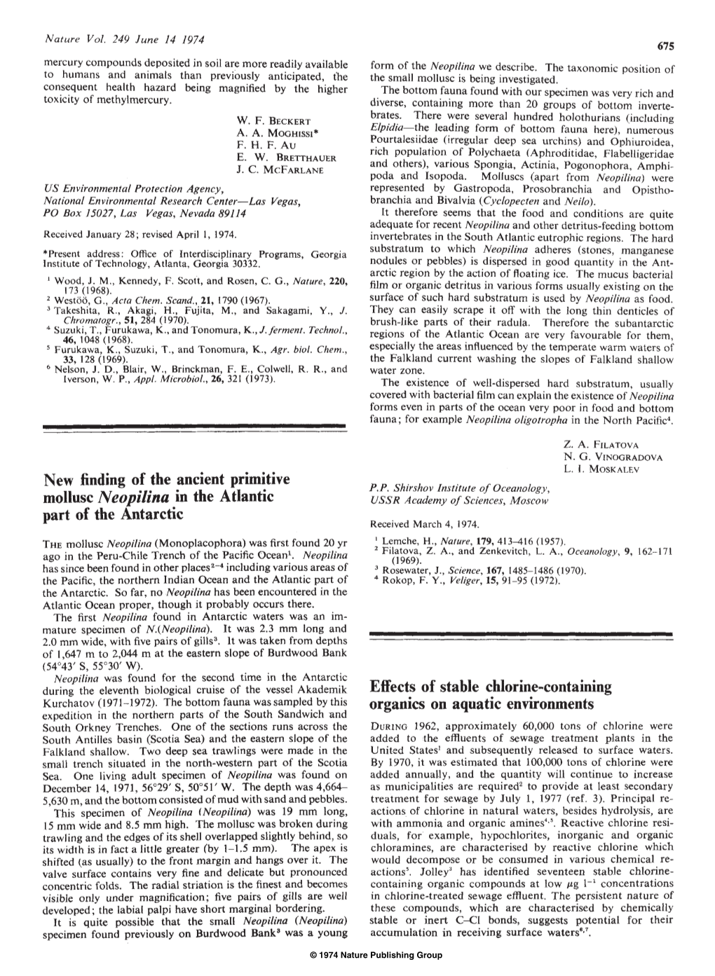 New Finding of the Ancient Primitive Mollusc Neopilina in the Atlantic Part of the Antarctic Effects of Stable Chlorine-Containi