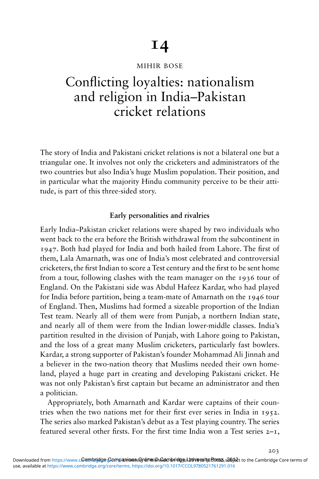 Conflicting Loyalties: Nationalism and Religion in India–Pakistan Cricket