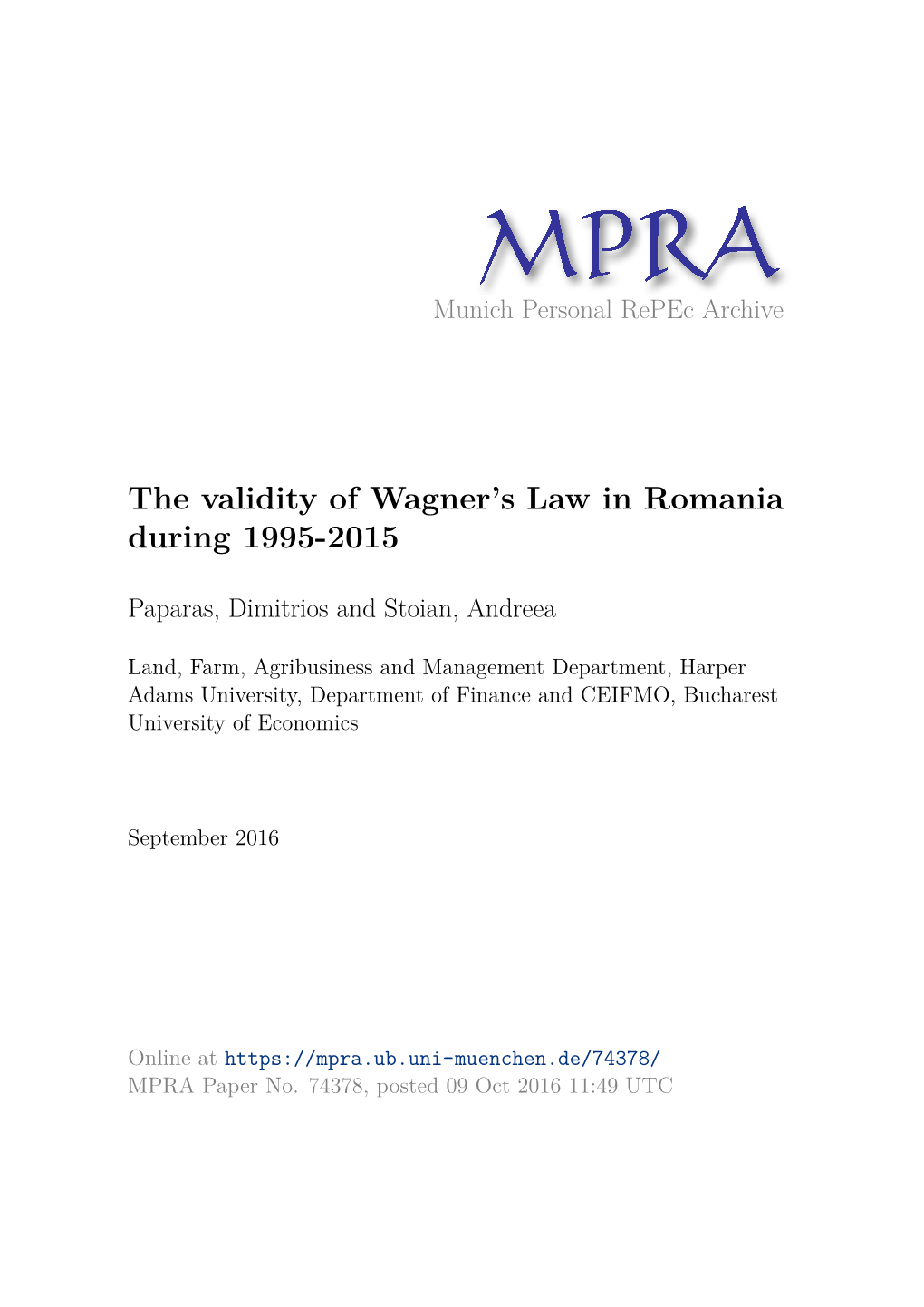 The Validity of Wagner's Law in Romania During 1995-2015