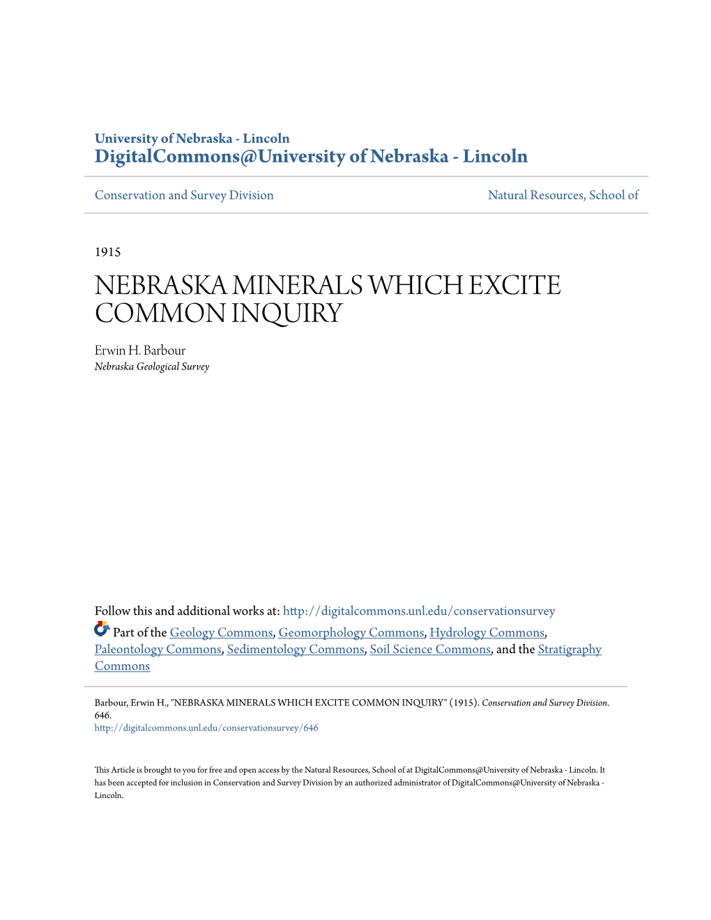 NEBRASKA MINERALS WHICH EXCITE COMMON INQUIRY Erwin H