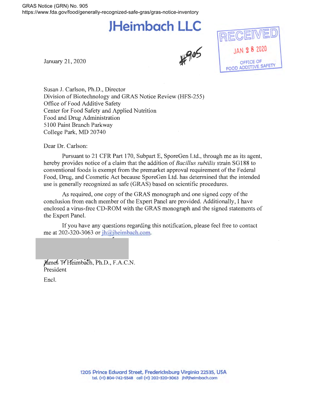 GRAS Notice 905: Bacillus Subtilis Strain SG188