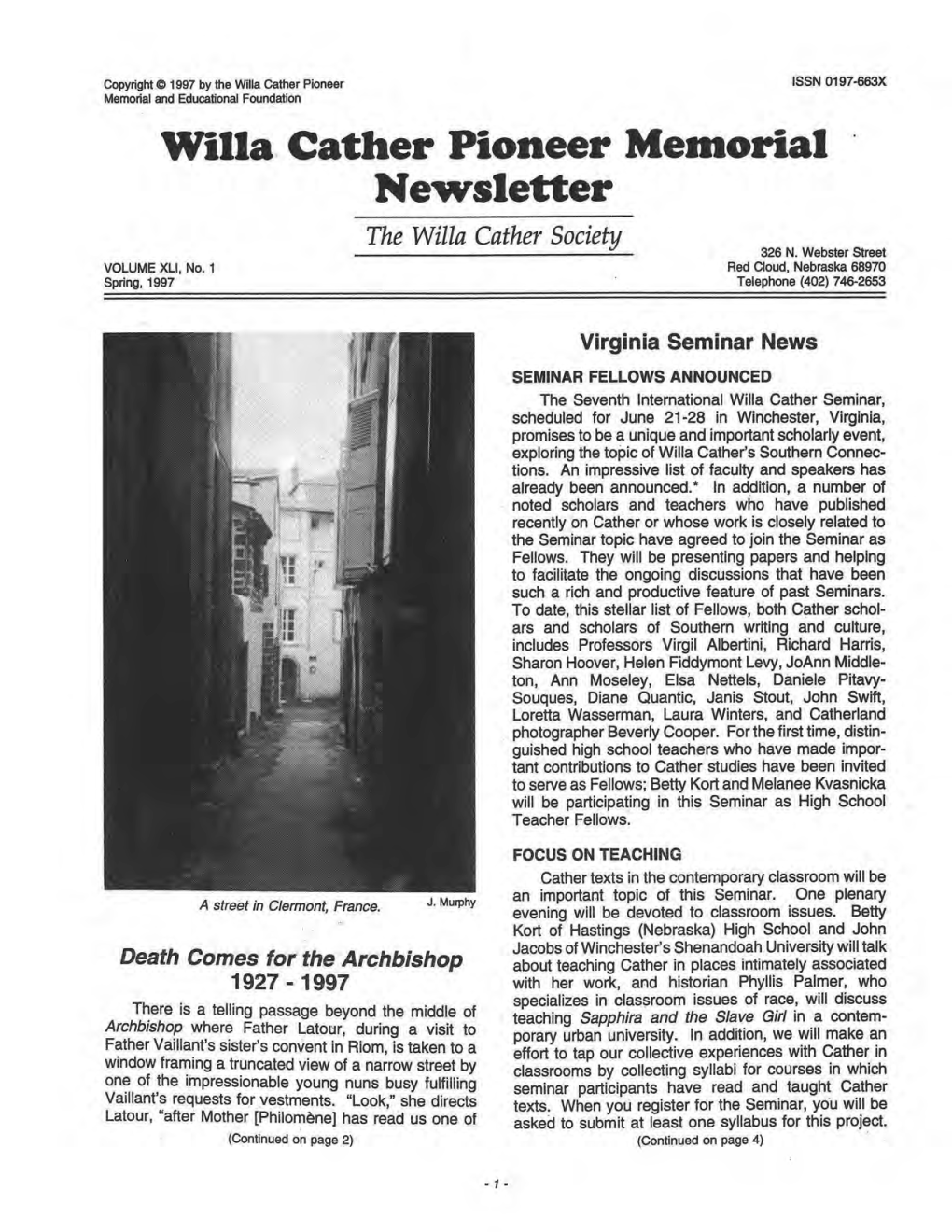 Willa, Cather Pioneer Memorial Newsletter the Willa Cather Society 326 N