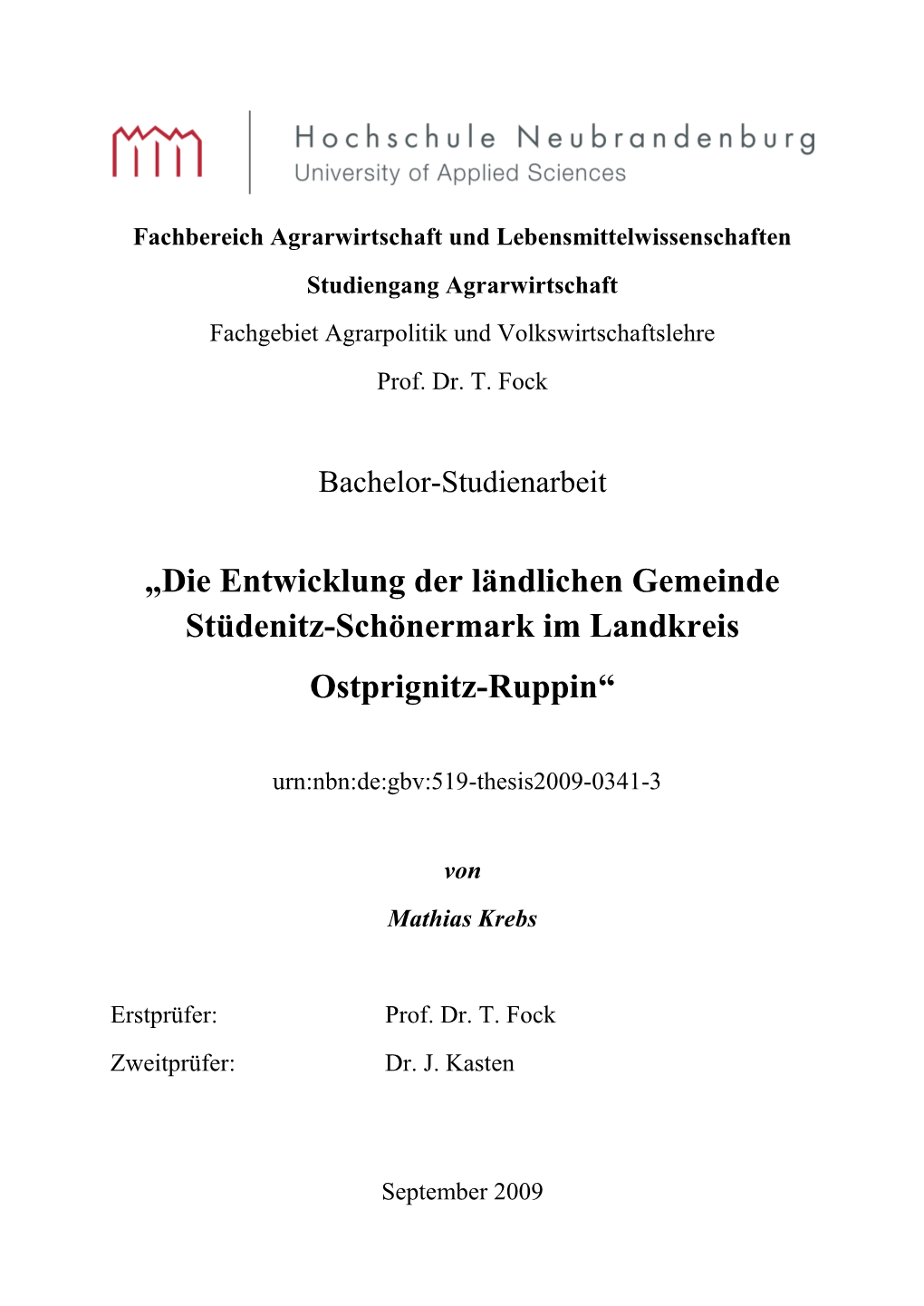 Die Entwicklung Der Lã¤Ndlichen Gemeinde Stã¼denitz-Schã