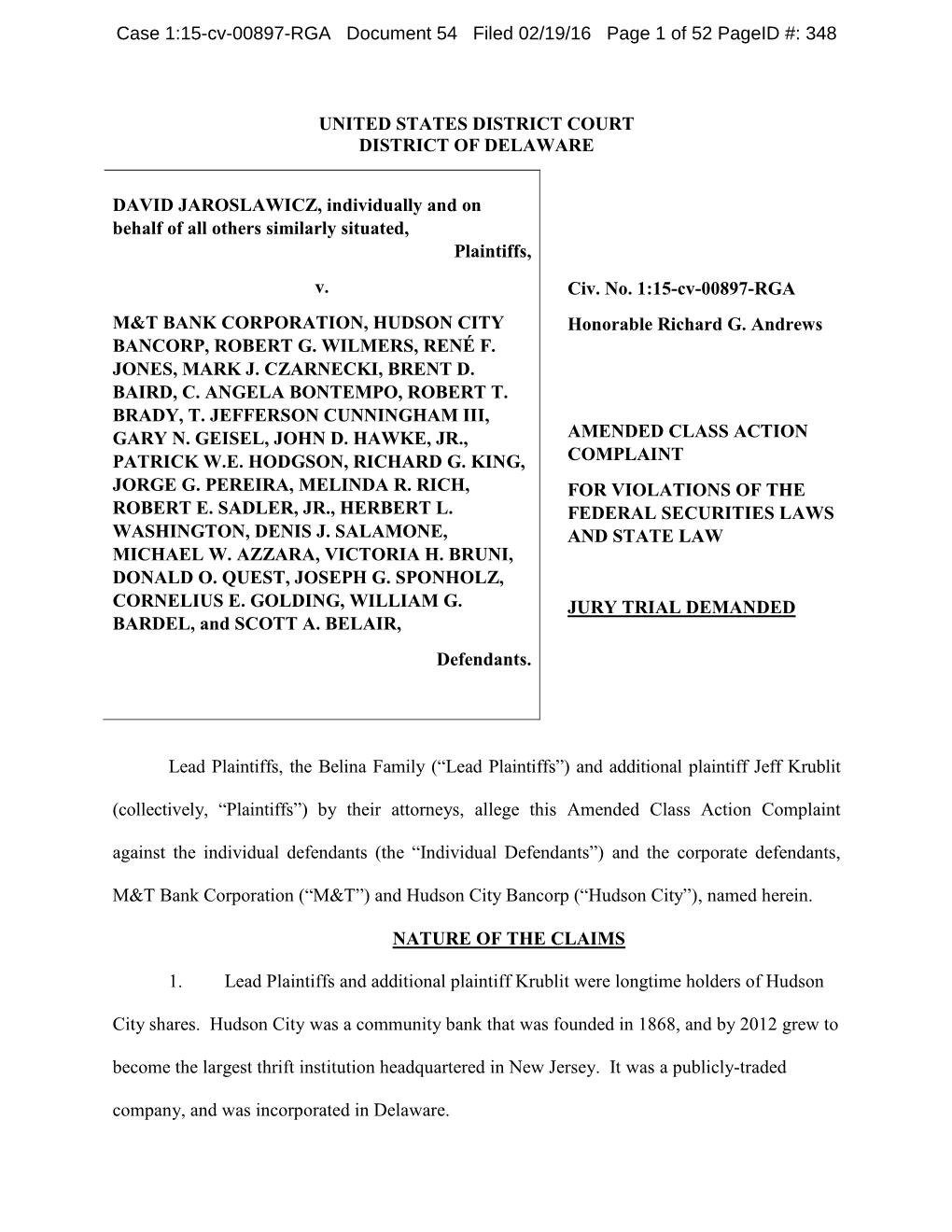 David Jaroslawicz, Et Al. V. M&T Bank Corporation, Et Al. 15-CV-00897