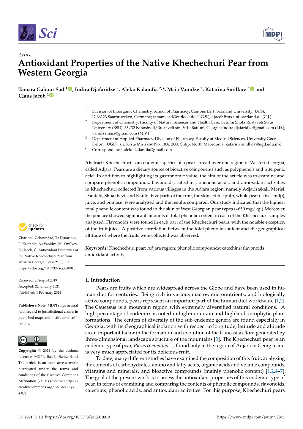 Antioxidant Properties of the Native Khechechuri Pear from Western Georgia