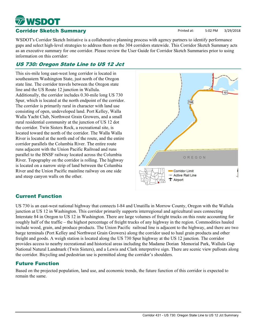 US 730: Oregon State Line to US 12 Jct Corridor Sketch Summary