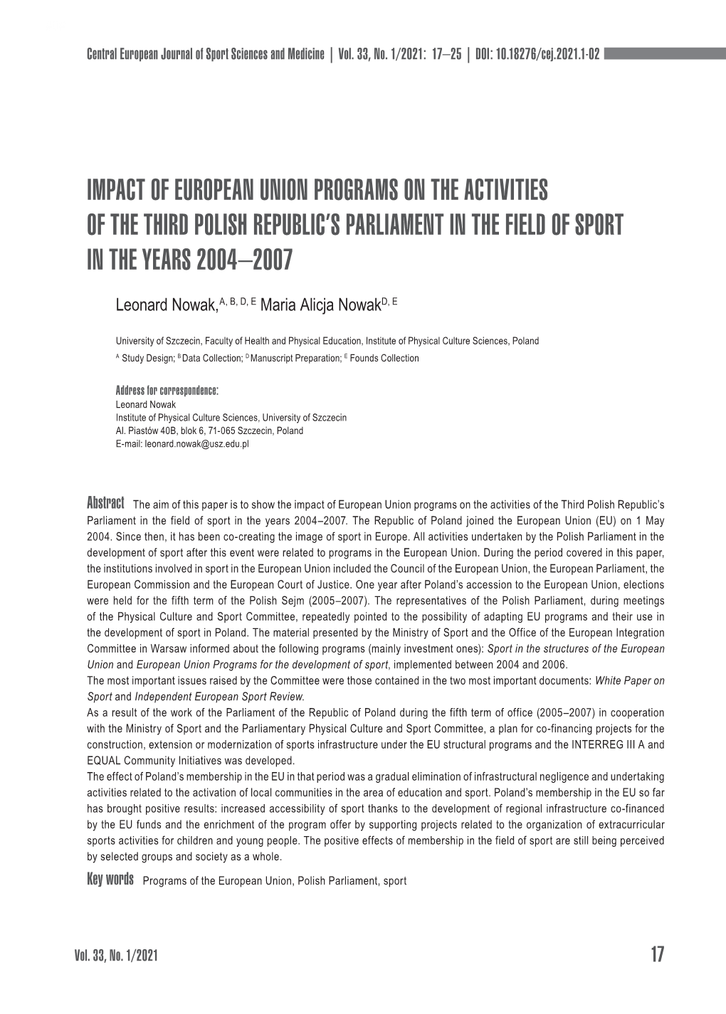 Impact of European Union Programs on the Activities of the Third Polish Republic's Parliament in the Field of Sport in The