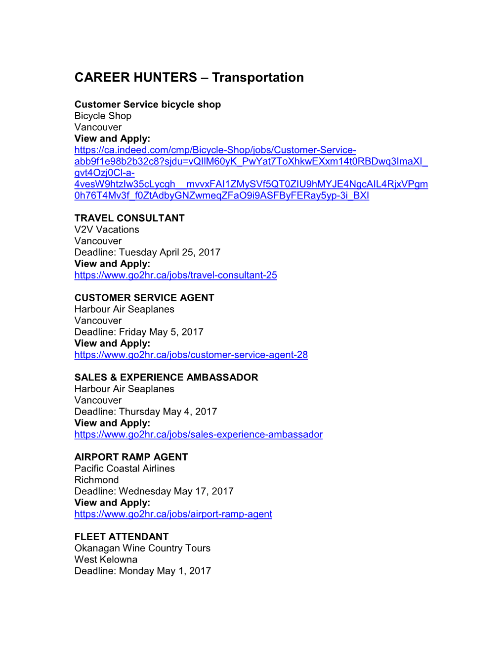 CAREER HUNTERS – Transportation