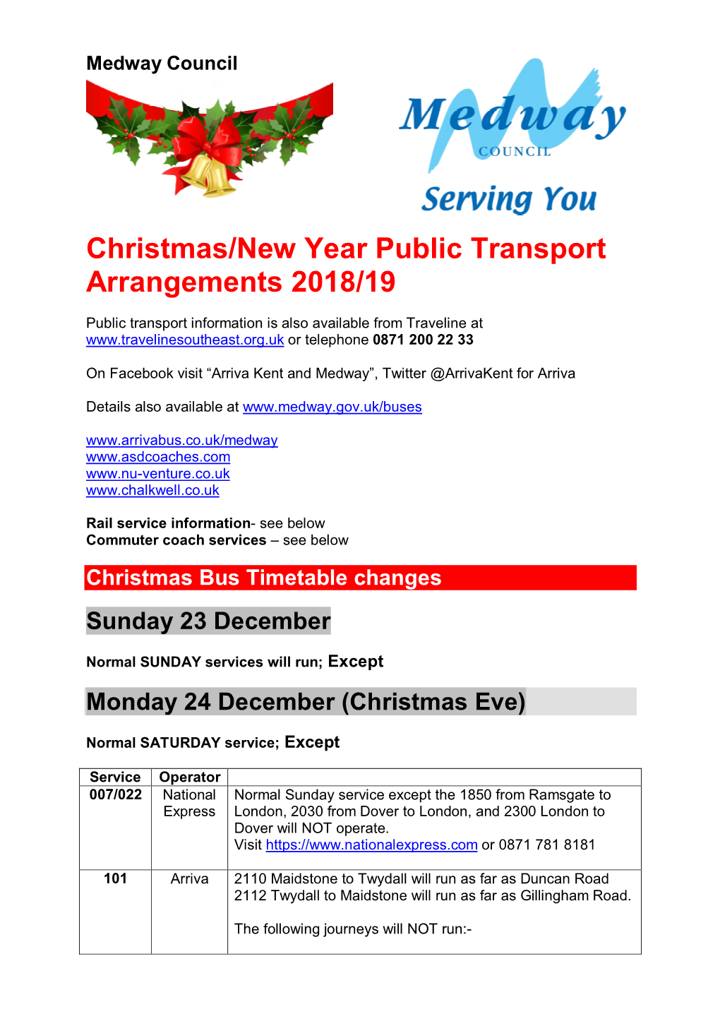 Christmas/New Year Public Transport Arrangements 2018/19