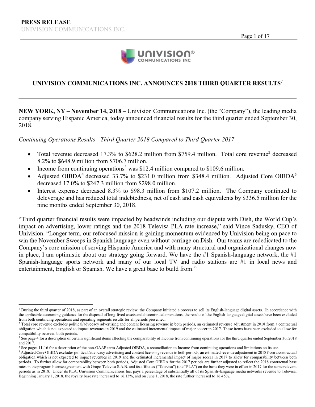 Press Release Univision Communications Inc. Univision