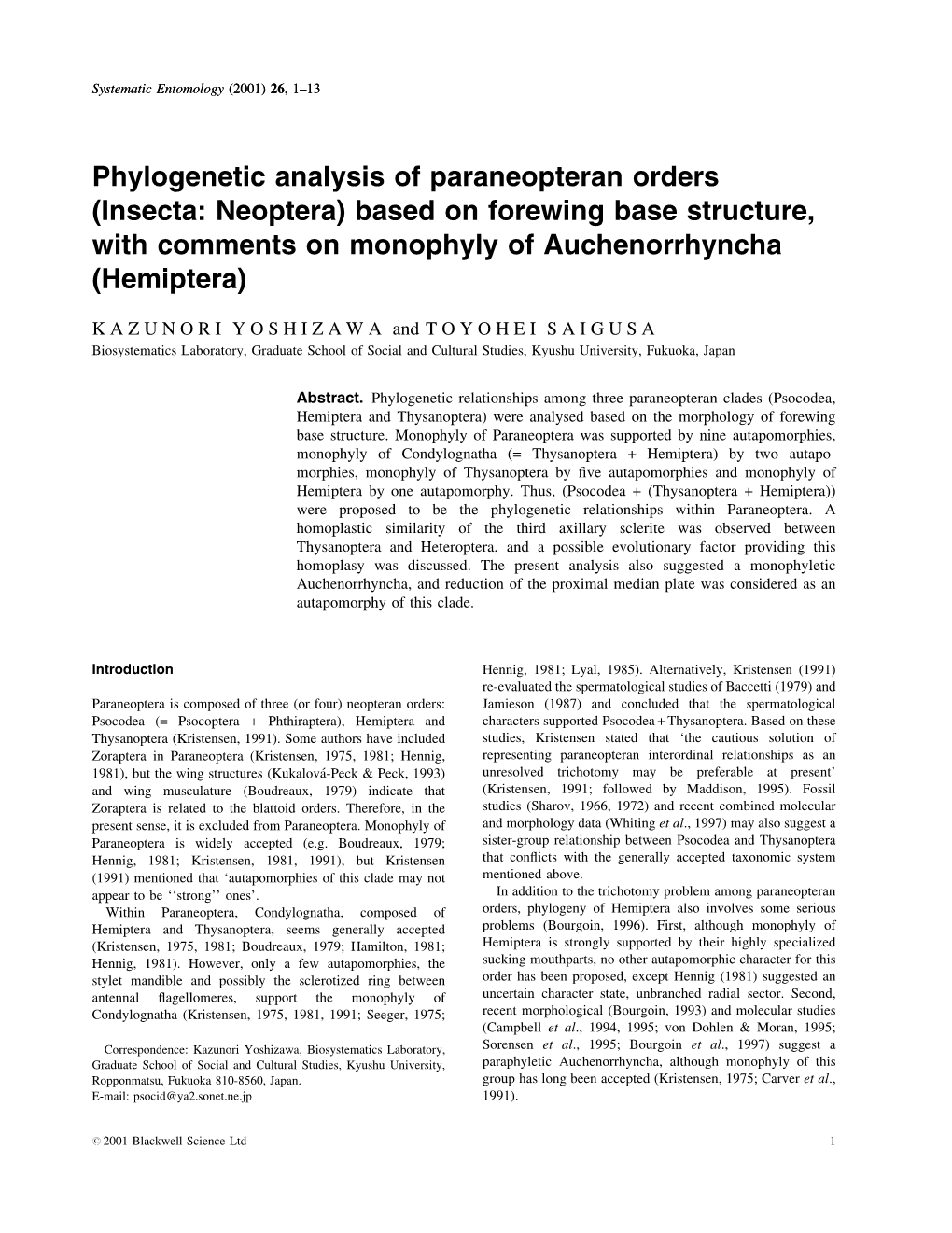 Phylogenetic Analysis of Paraneopteran Orders (Insecta: Neoptera) Based on Forewing Base Structure, with Comments on Monophyly of Auchenorrhyncha (Hemiptera)