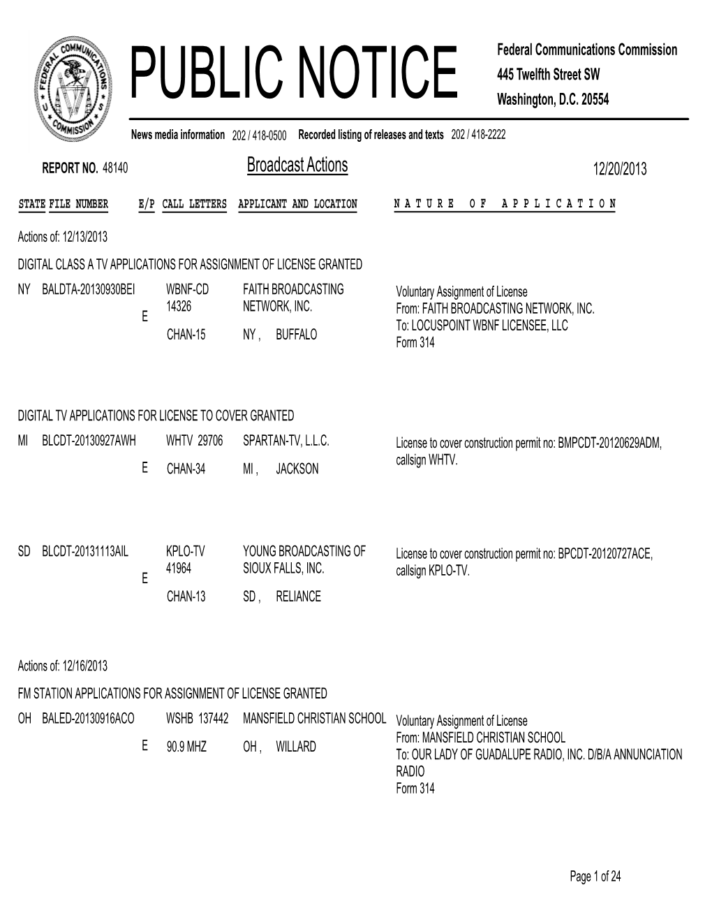 Broadcast Actions 12/20/2013