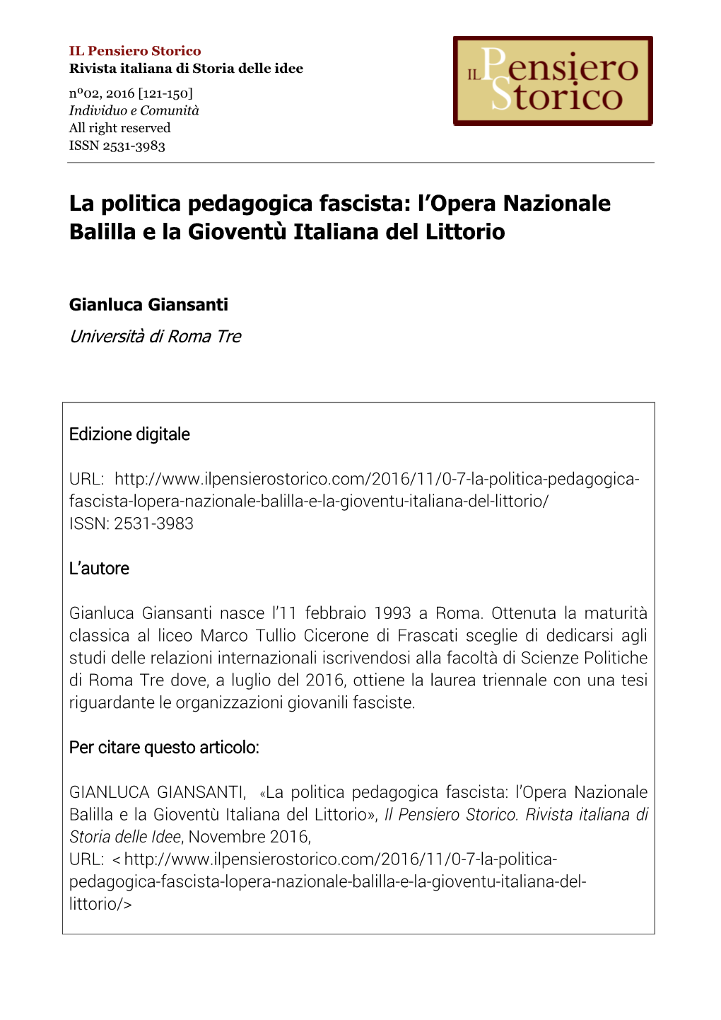 La Politica Pedagogica Fascista: L'opera Nazionale Balilla E La