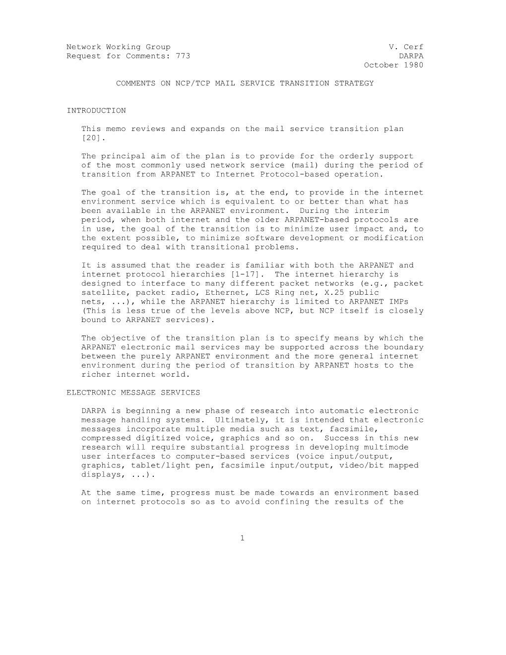 773 DARPA October 1980 COMMENTS on NCP/TCP