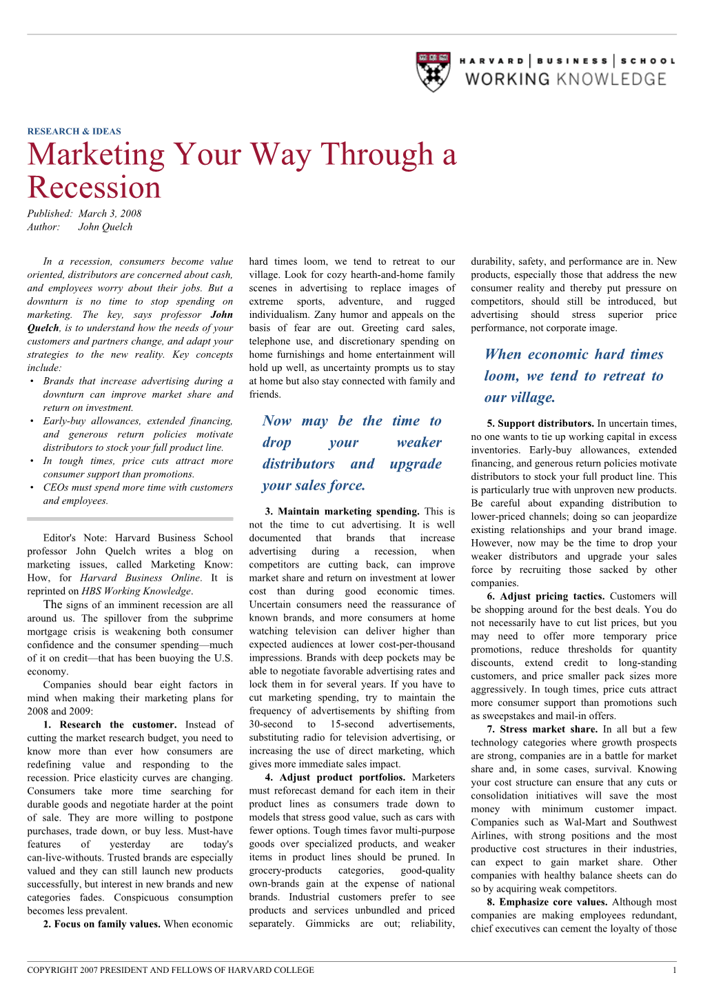 Marketing Your Way Through a Recession — HBS Working