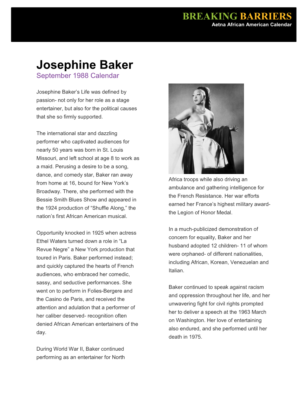 Josephine Baker September 1988 Calendar