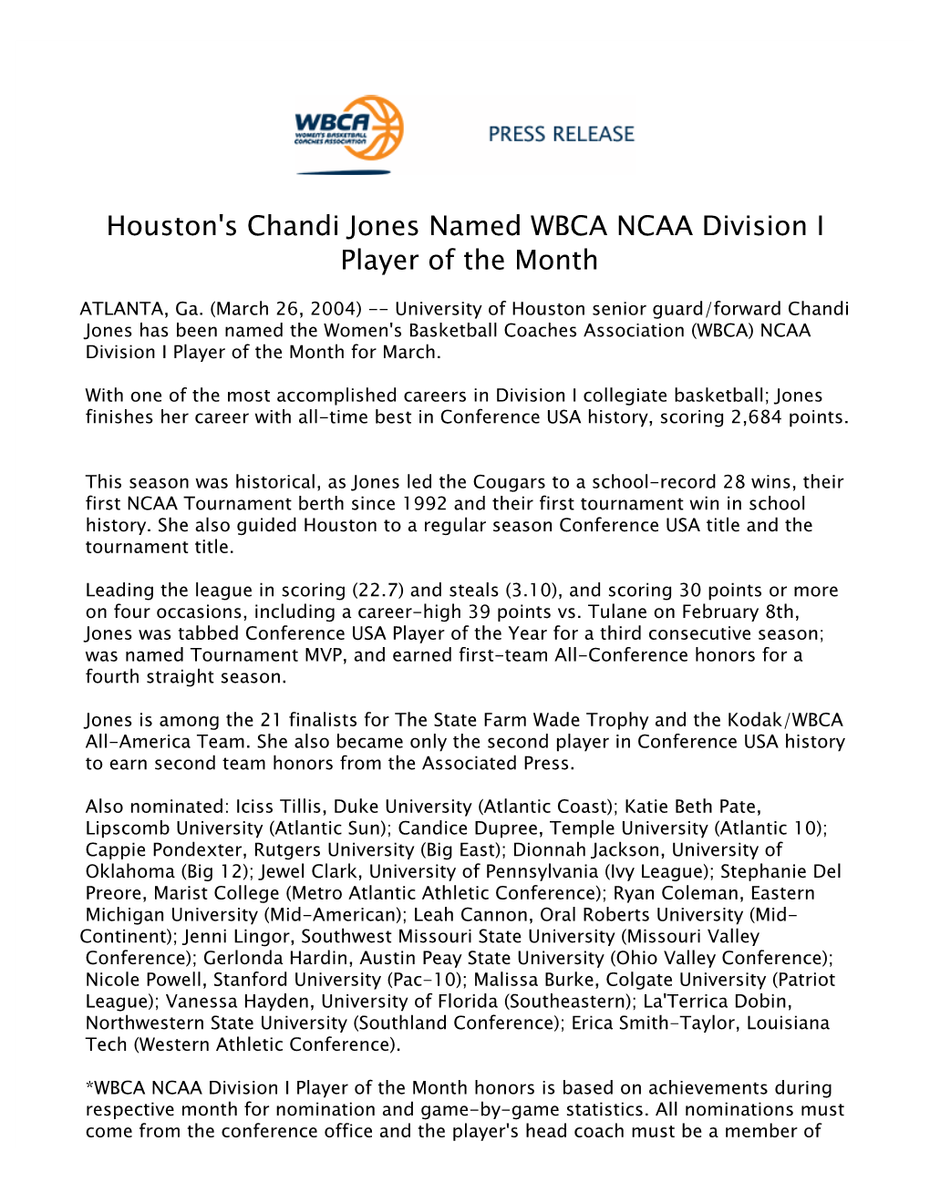 Houston's Chandi Jones Named WBCA NCAA Division I Player of the Month