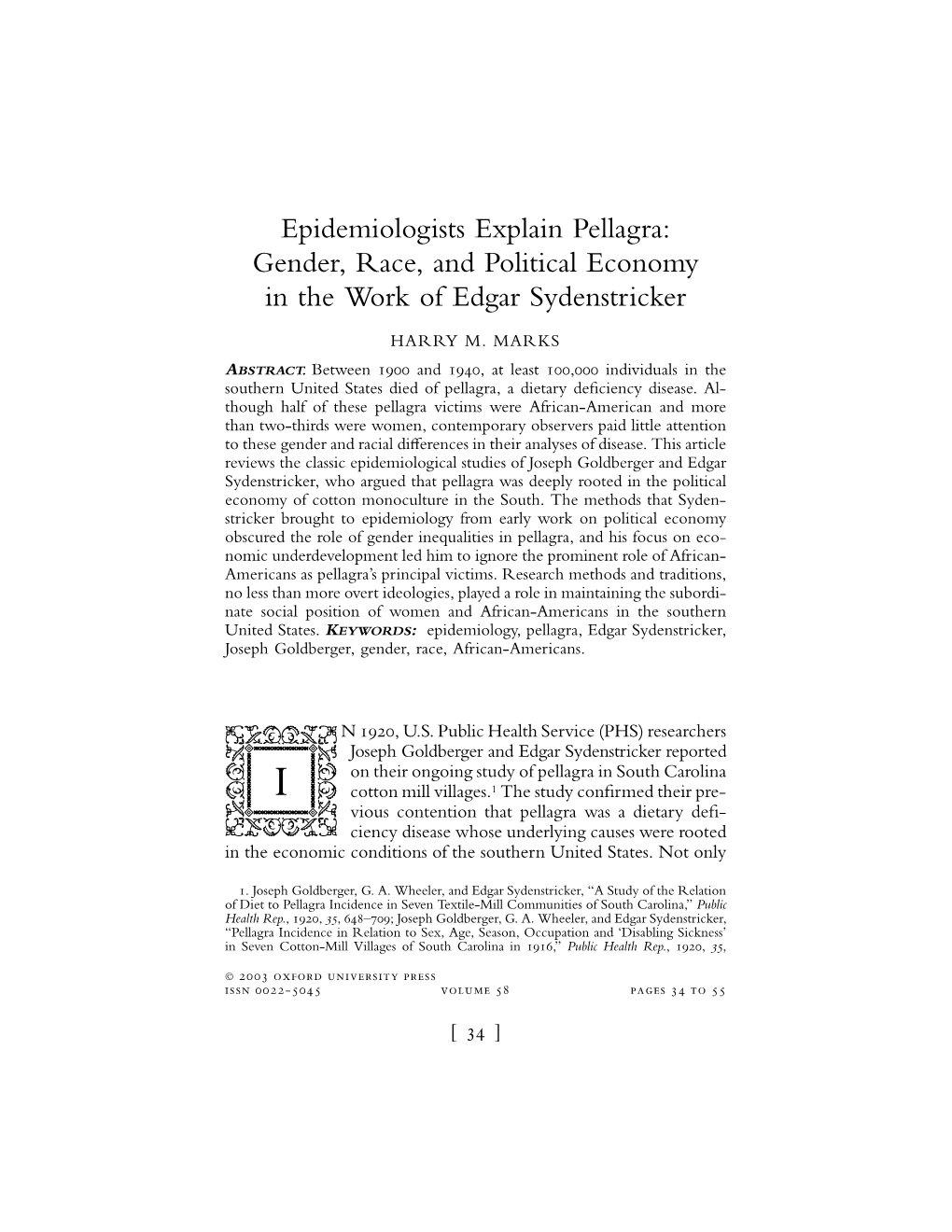 Epidemiologists Explain Pellagra: Gender, Race, and Political Economy in the Work of Edgar Sydenstricker