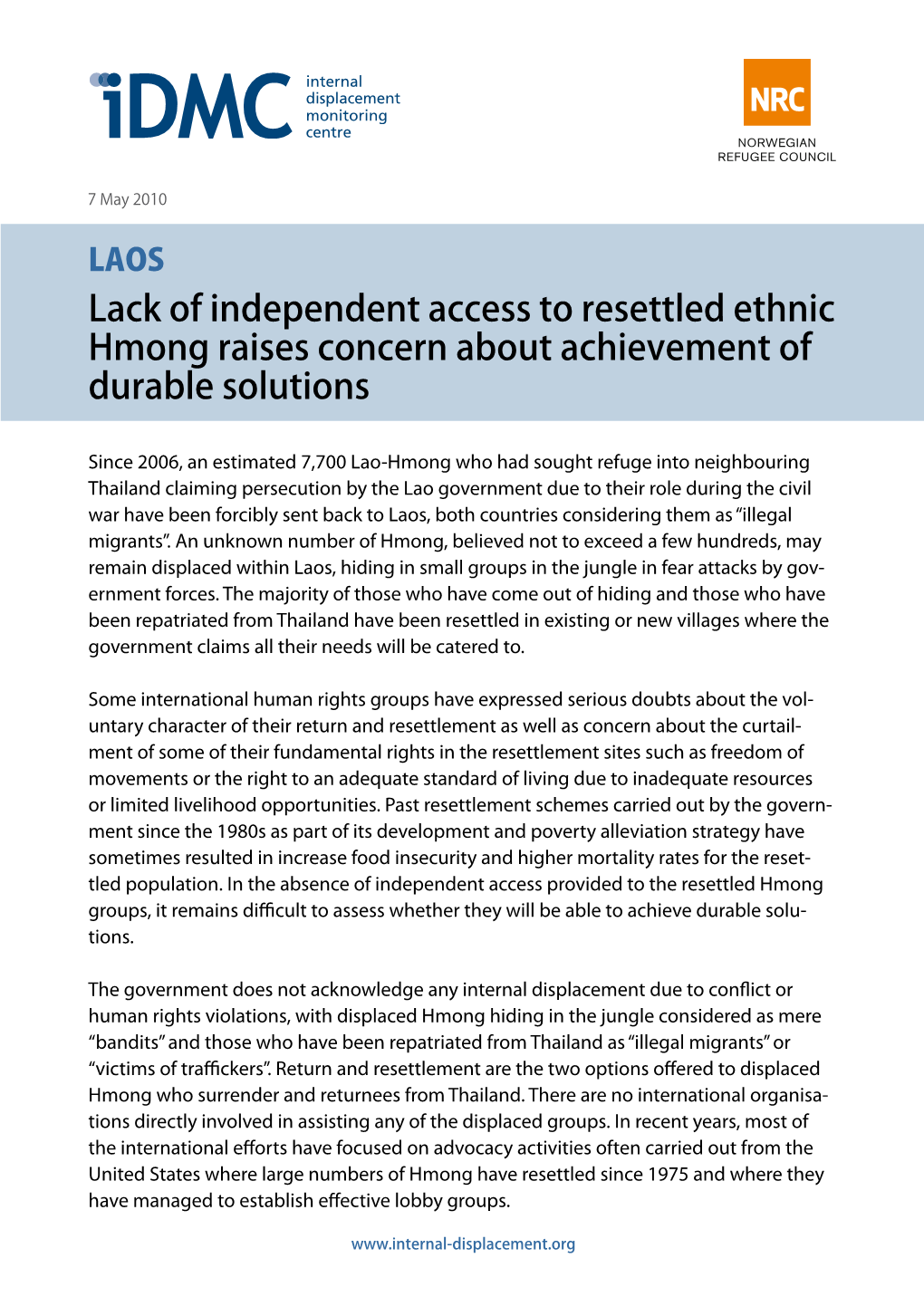 Laos: Lack of Independent Access to Resettled Ethnic Hmong Raises Concern About Achievement of Durable Solutions