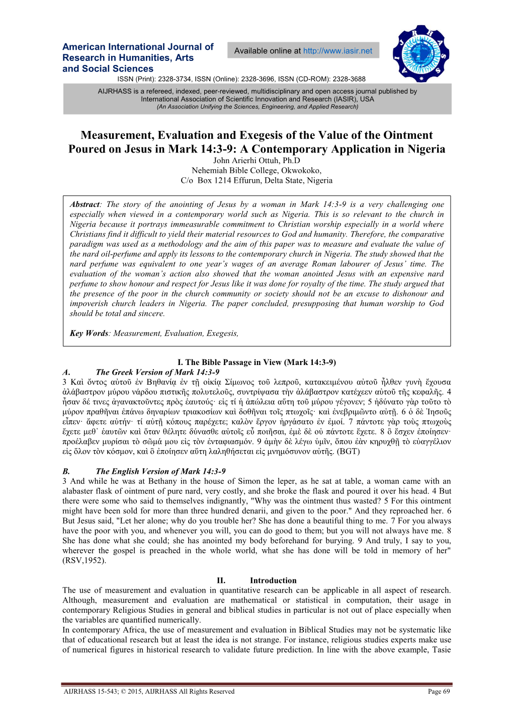 Measurement and Evaluation of the Value of the Alabaster Ointment