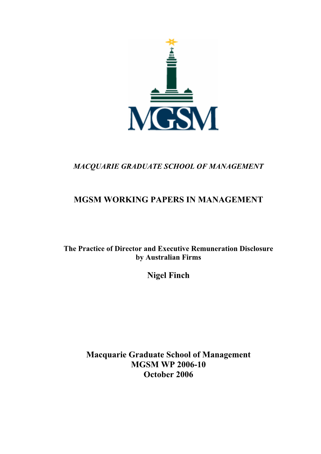 MGSM WORKING PAPERS in MANAGEMENT Nigel Finch