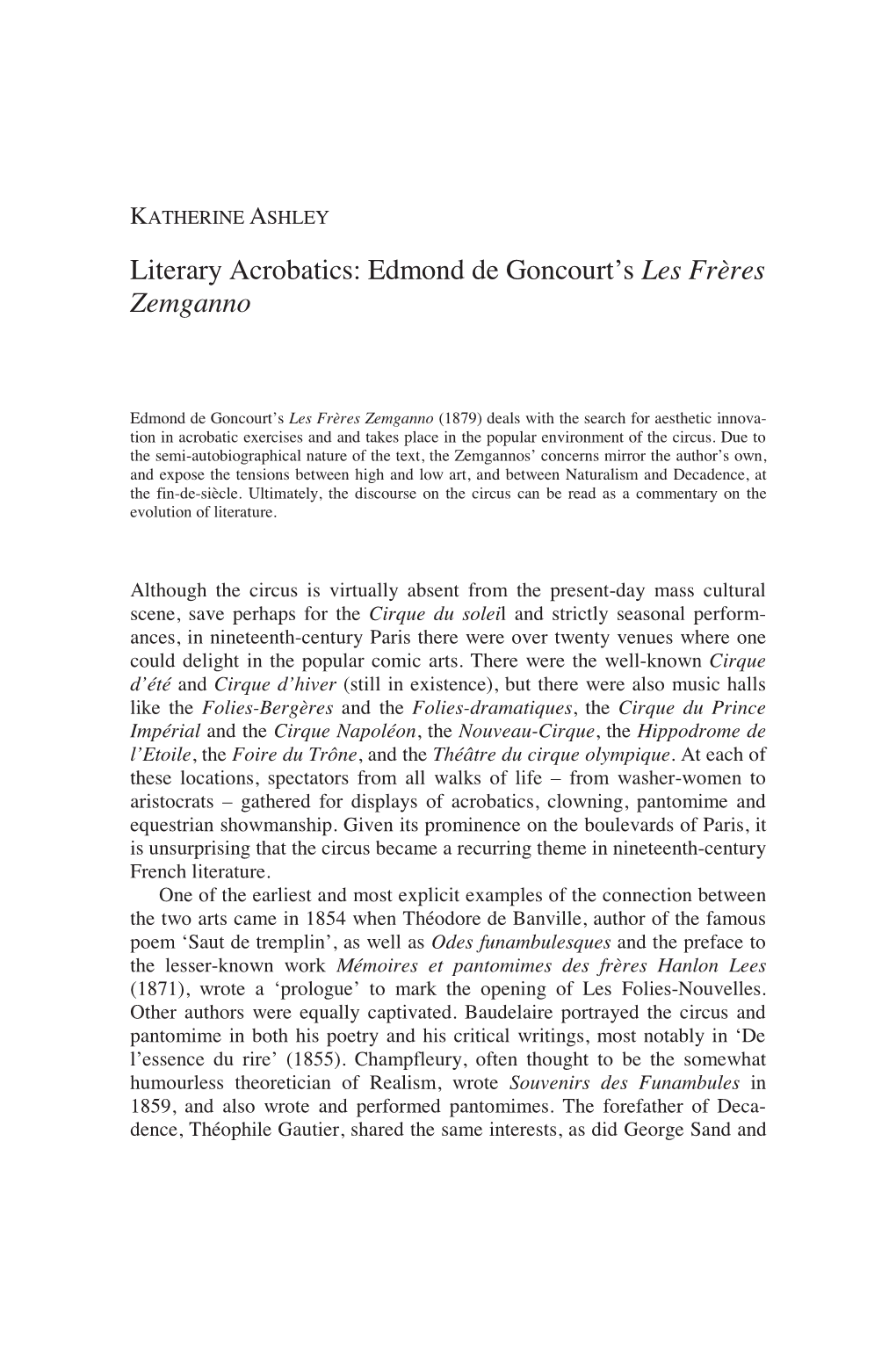 Literary Acrobatics: Edmond De Goncourt's Les Frères Zemganno