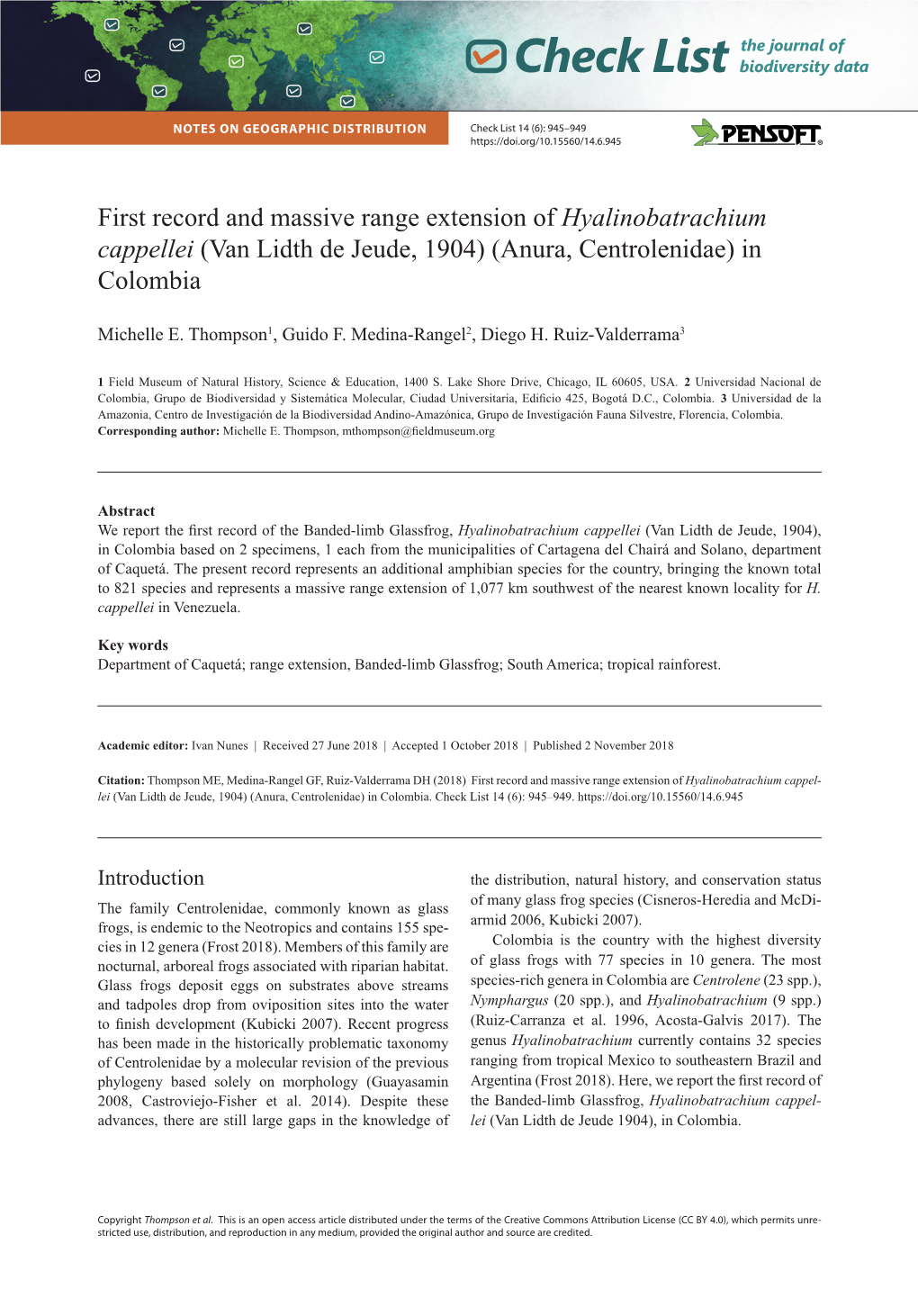 First Record and Massive Range Extension of Hyalinobatrachium Cappellei (Van Lidth De Jeude, 1904) (Anura, Centrolenidae) in Colombia