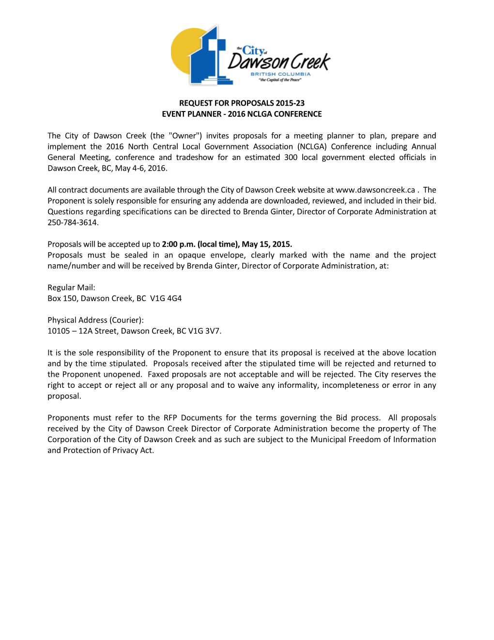 RFP 2015-23 Event Planner – NCLGA Conference Schedule B - Page 1 of 1