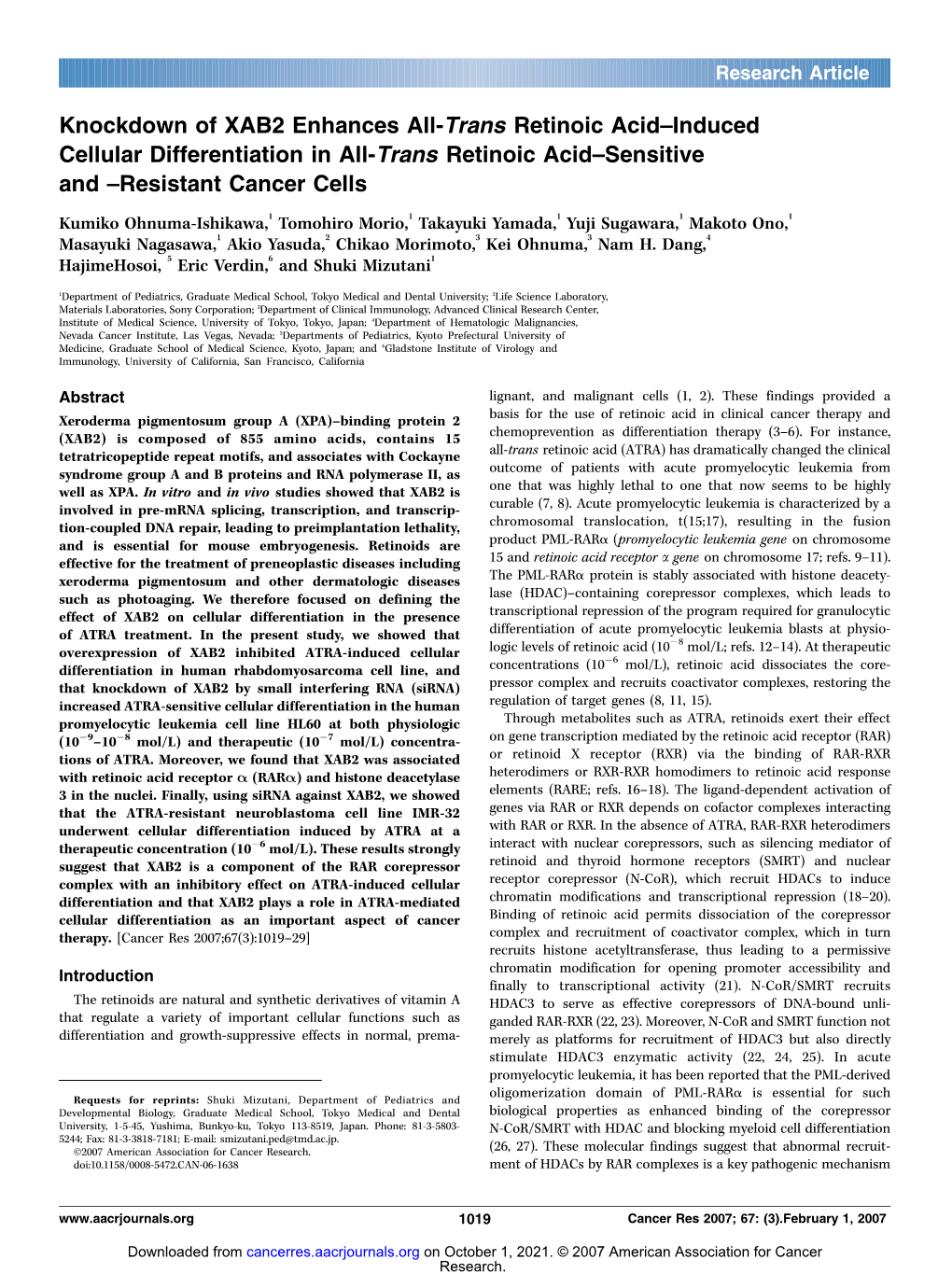 Knockdown of XAB2 Enhances All-Trans Retinoic Acid–Induced Cellular Differentiation in All-Trans Retinoic Acid–Sensitive and –Resistant Cancer Cells