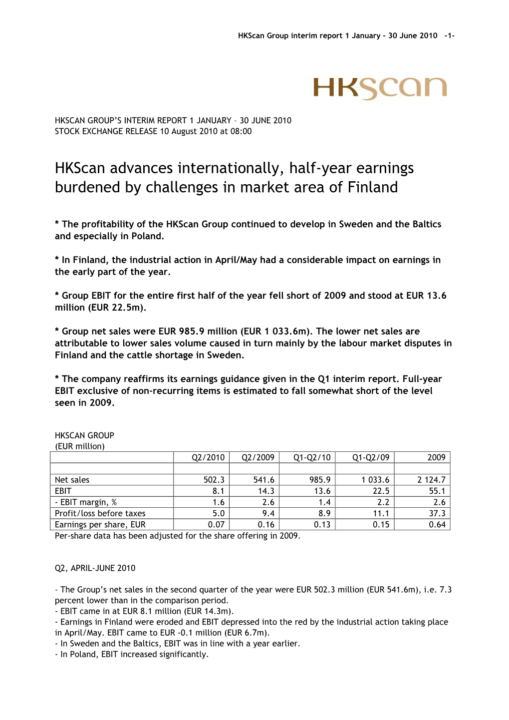 Hkscan Advances Internationally, Half-Year Earnings Burdened by Challenges in Market Area of Finland