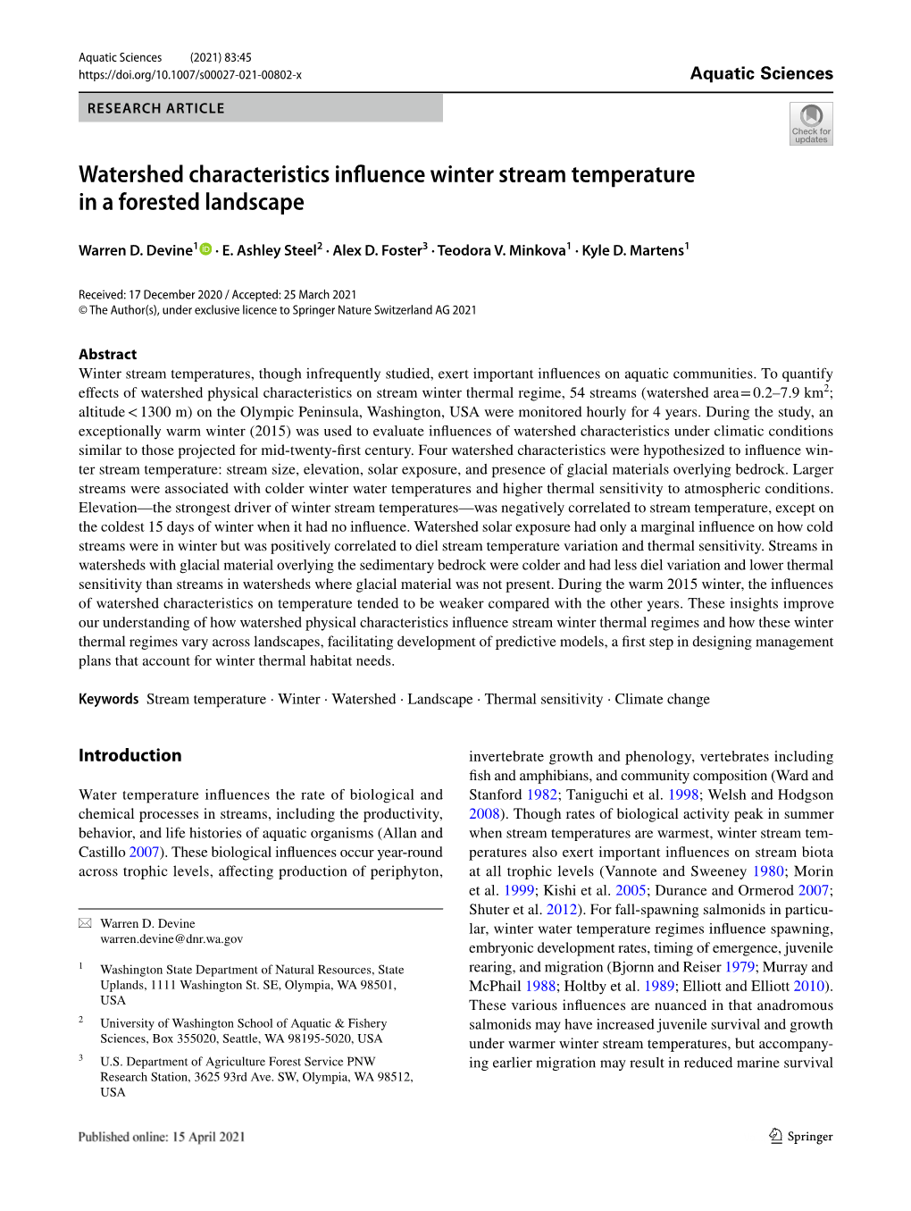 Watershed Characteristics Influence Winter Stream Temperature in A