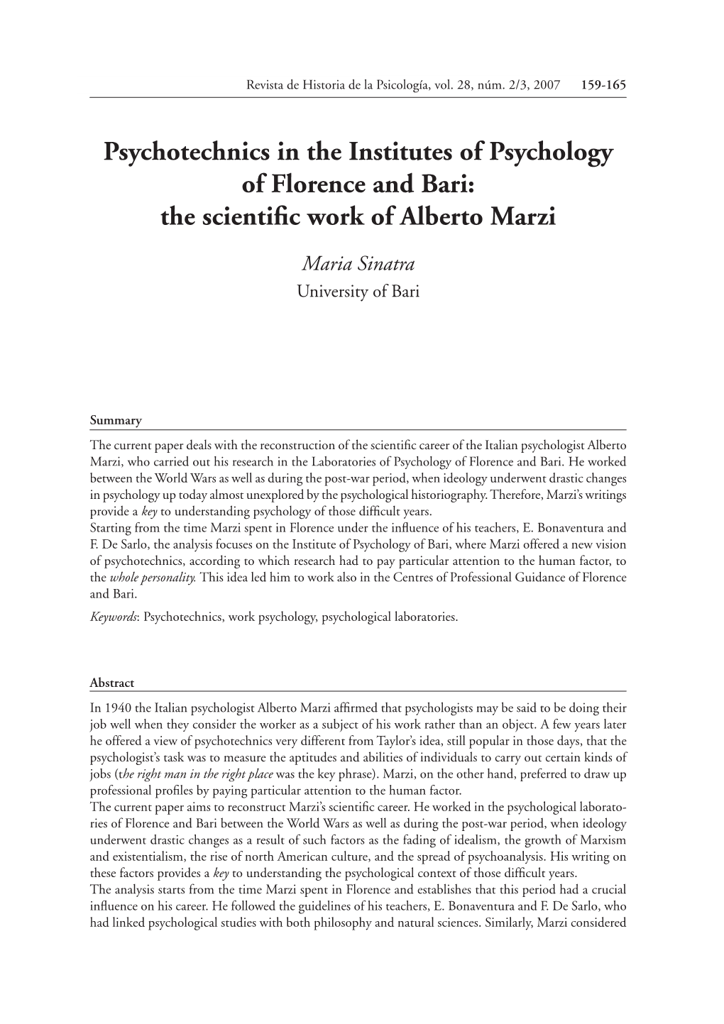 Psychotechnics in the Institutes Ofrevista Psychology De Historia of Florence De La and Psicología, Bari