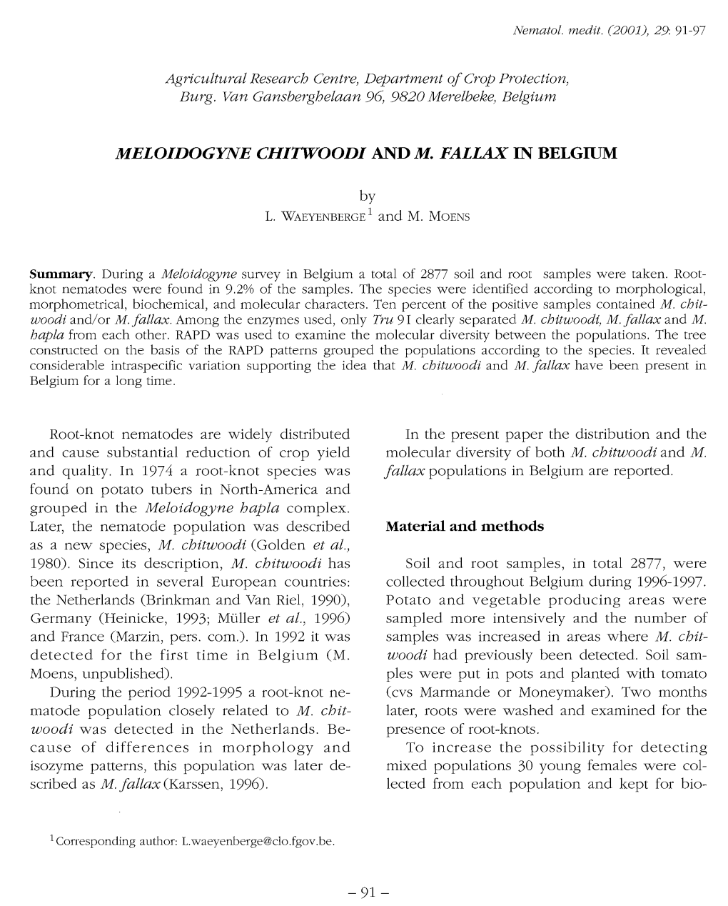 Meloidogyne Chitwoodi and M. Fallax in Belgium
