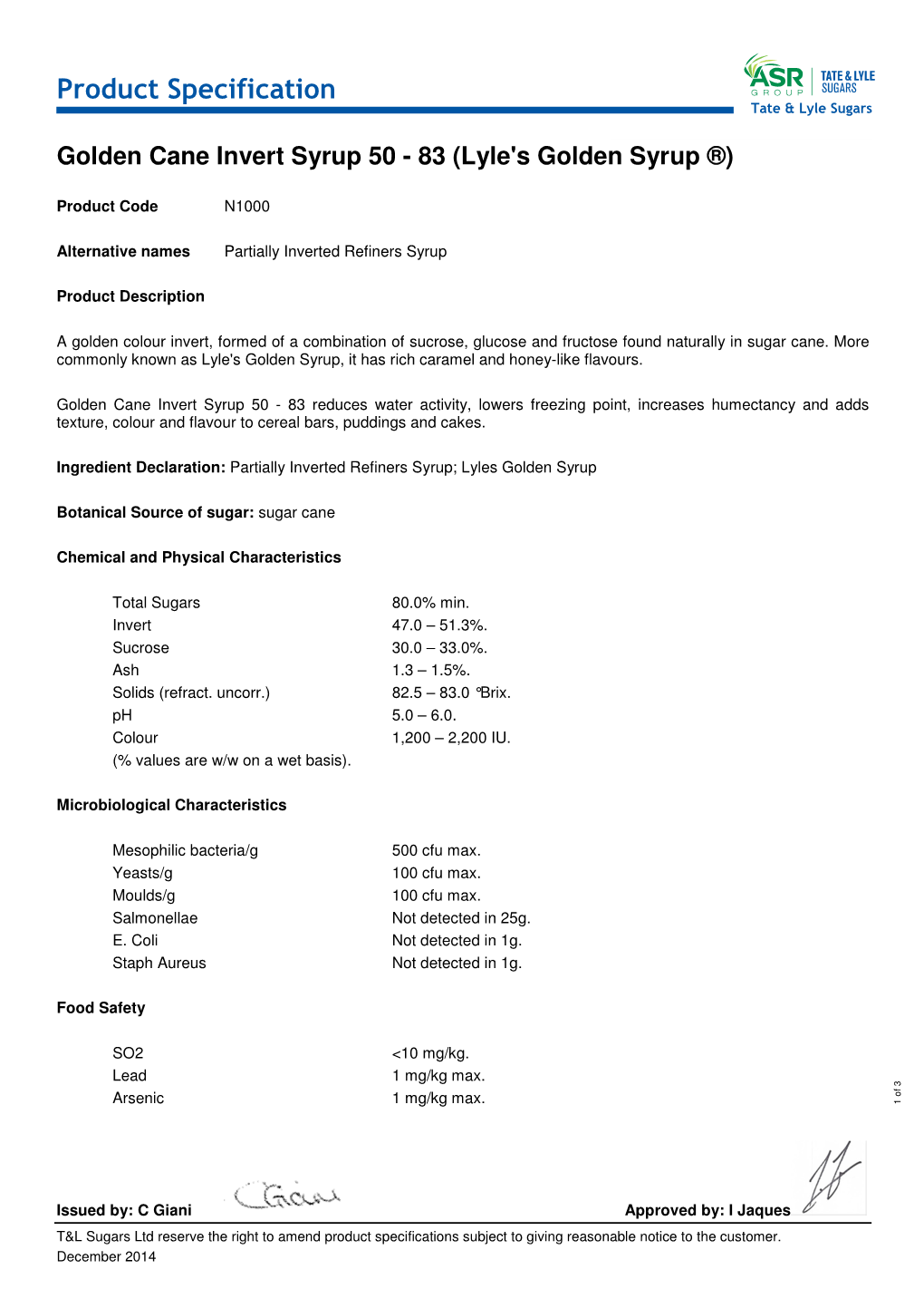 Product Specification Tate & Lyle Sugars