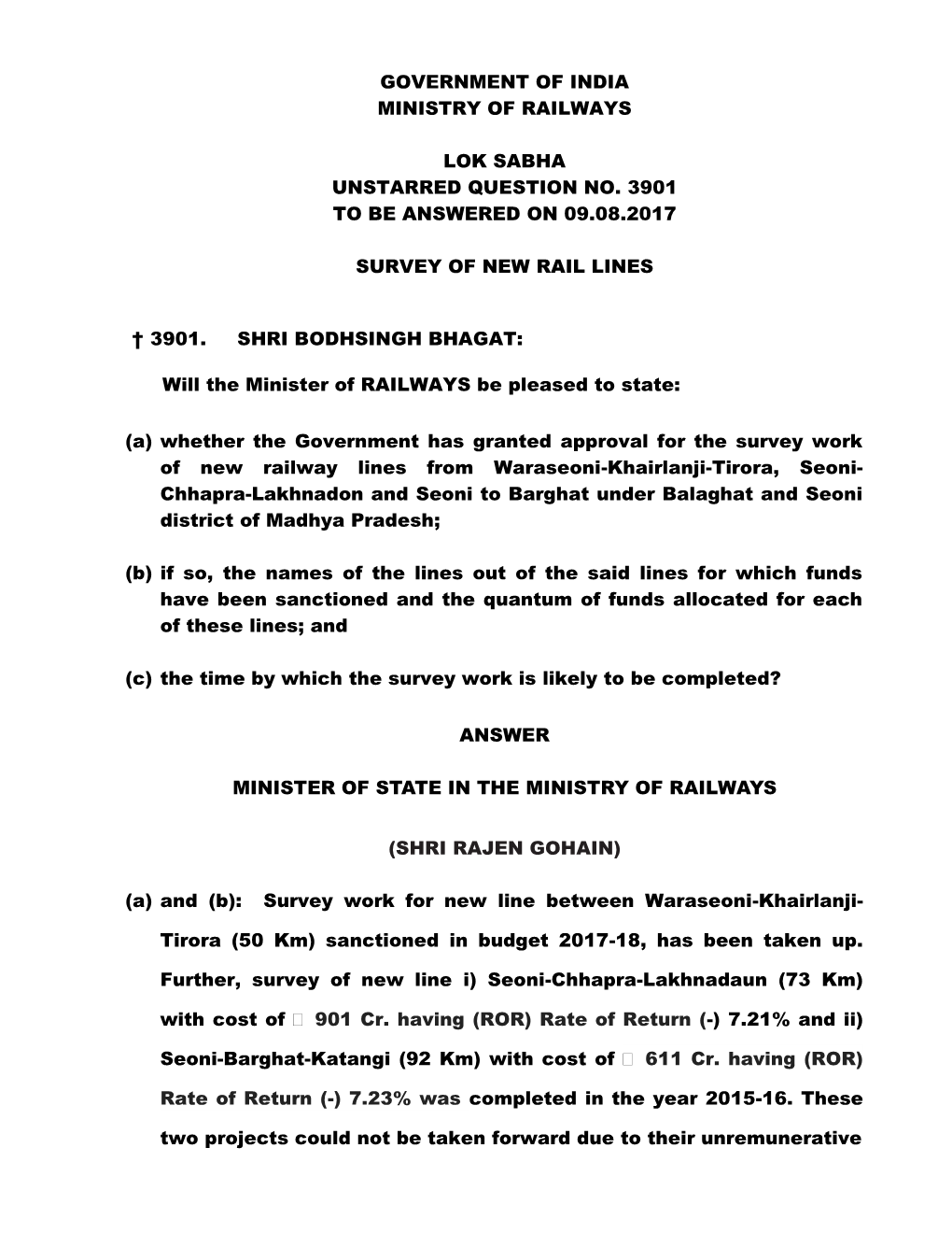 Government of India Ministry of Railways Lok Sabha