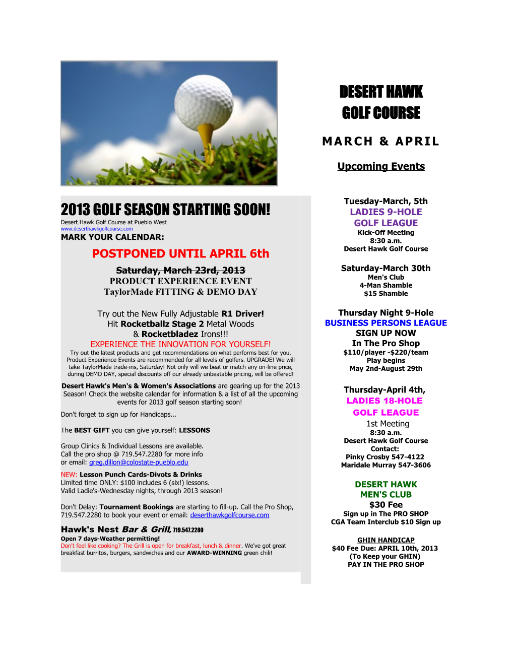 DESERT HAWK GOLF COURSE MARCH & APRIL Upcoming Events