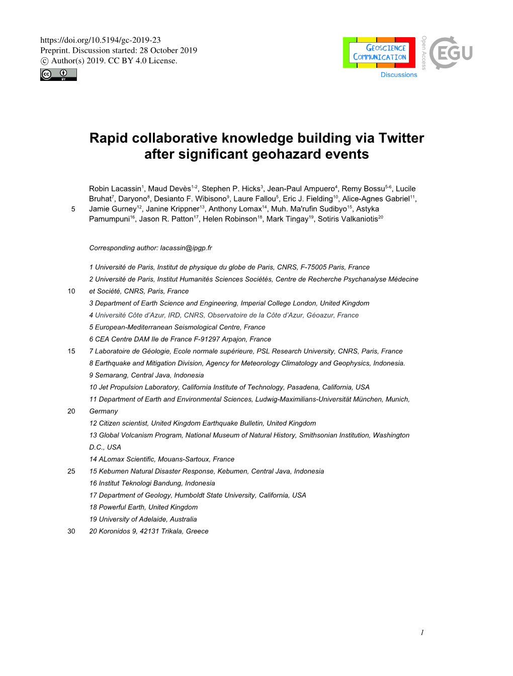 Rapid Collaborative Knowledge Building Via Twitter After Significant Geohazard Events