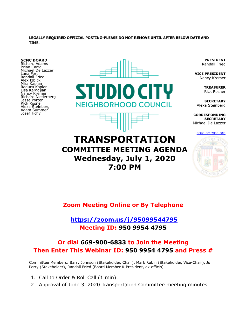 MEETING AGENDA Wednesday, July 1, 2020 7:00 PM