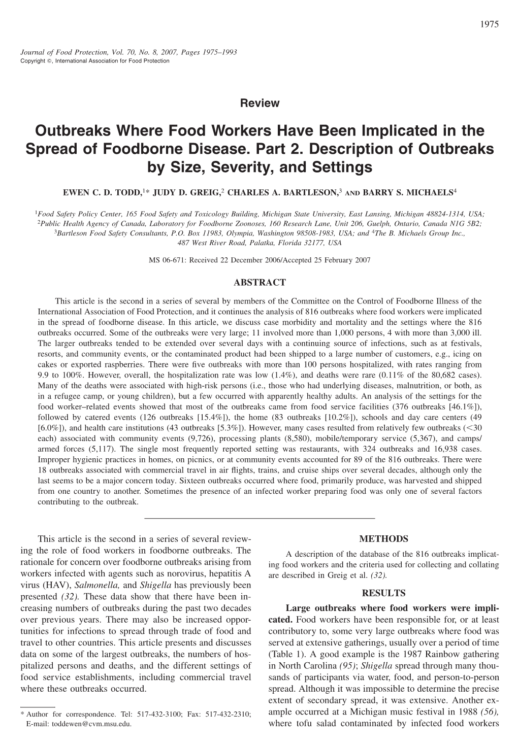Outbreaks Where Food Workers Have Been Implicated in the Spread of Foodborne Disease