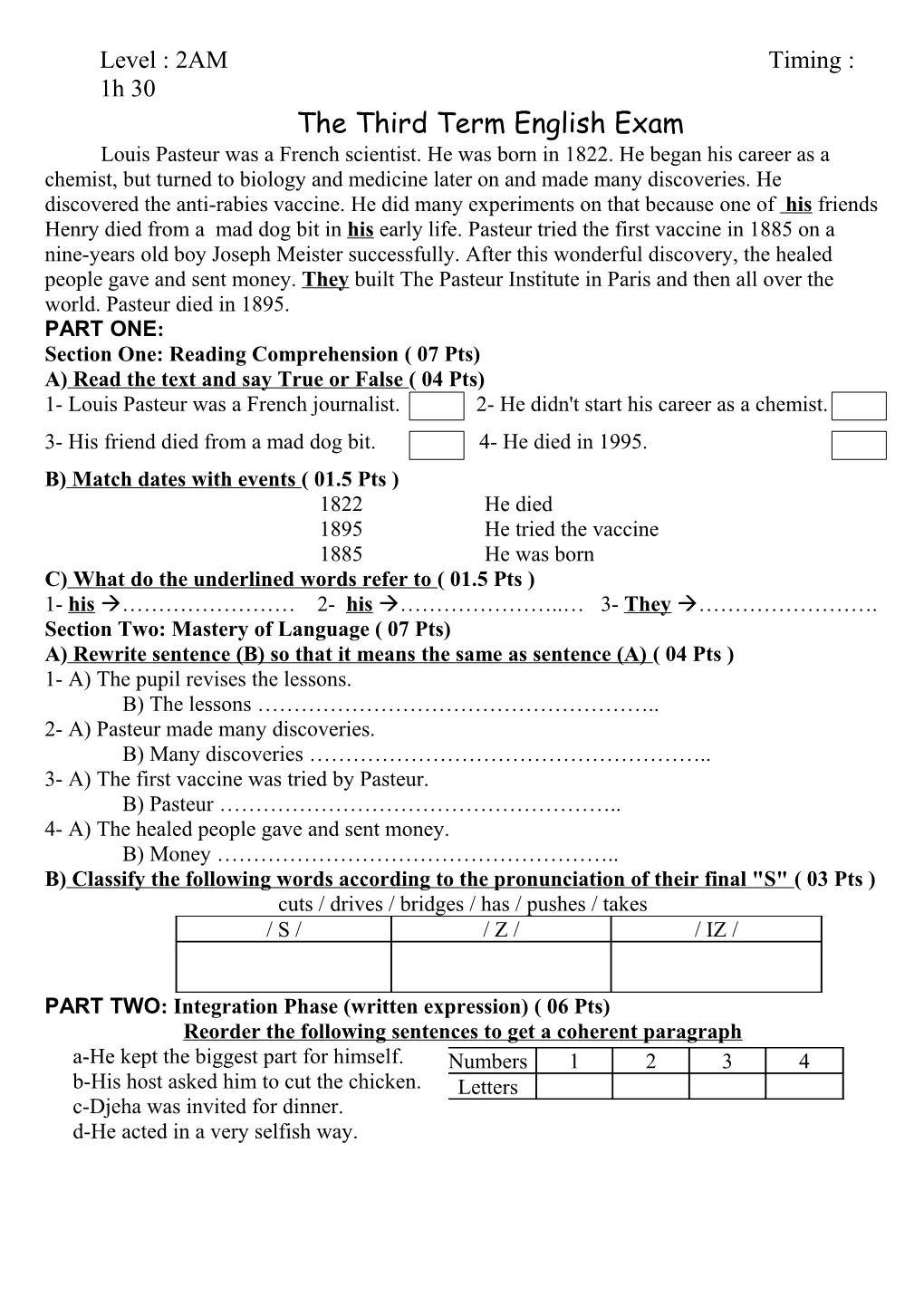 Section One: Reading Comprehension ( 07 Pts)