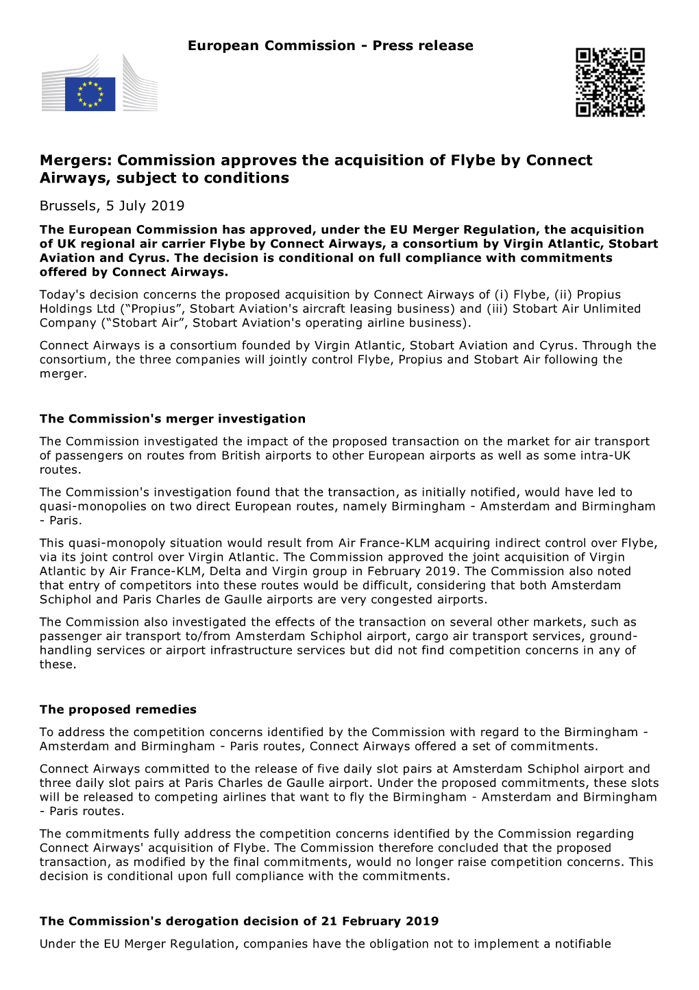 Mergers: Commission Approves the Acquisition of Flybe by Connect