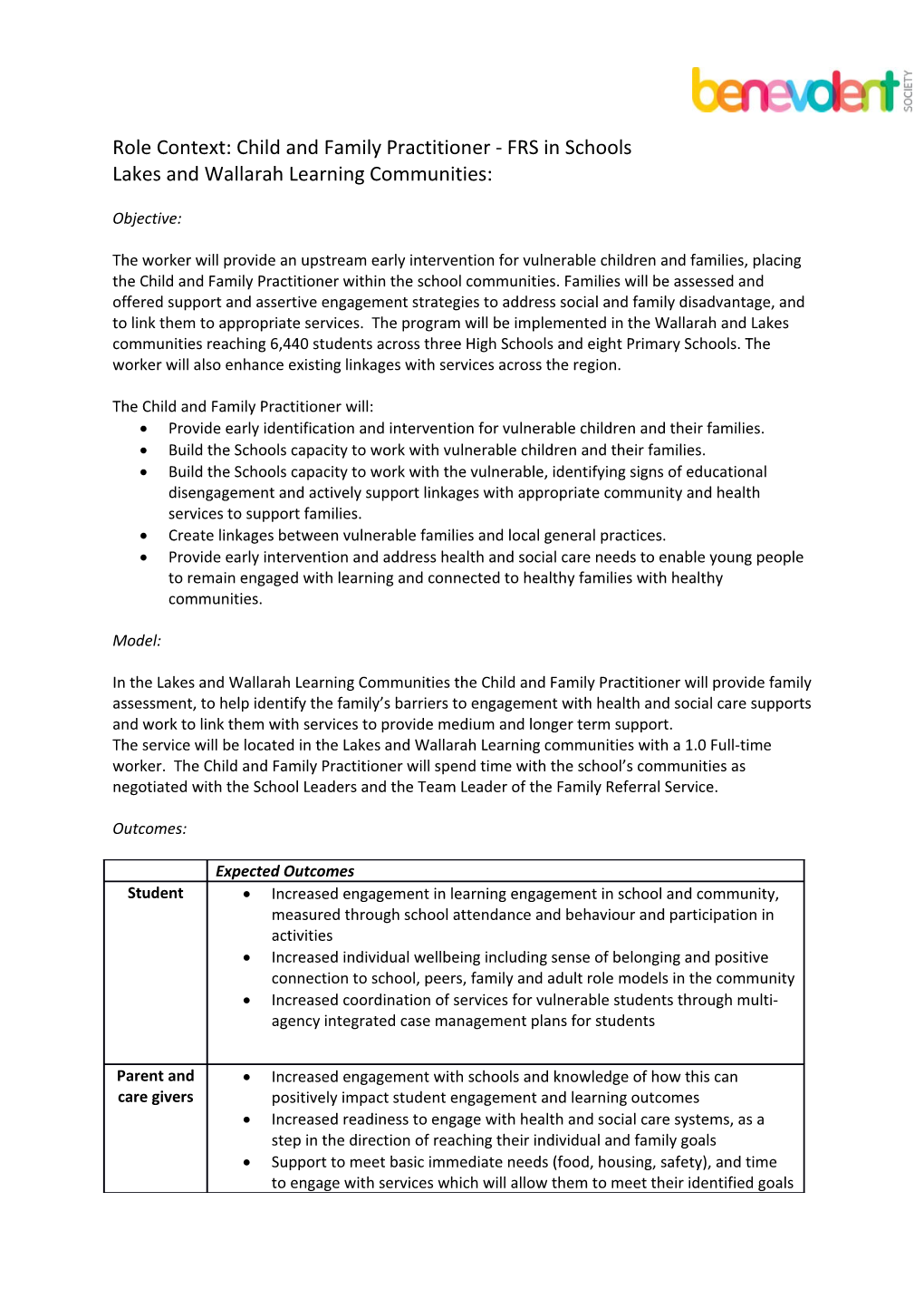 Role Context: Child and Family Practitioner - FRS in Schools