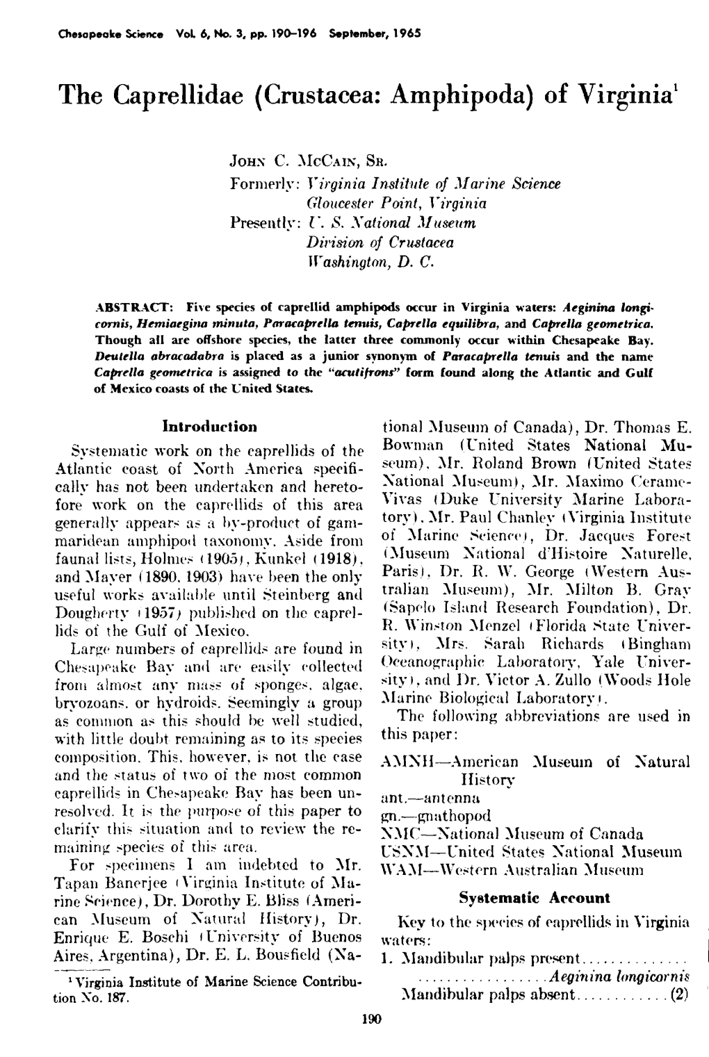 The Caprellidae (Crustacea: Amphipoda) of Virginia'