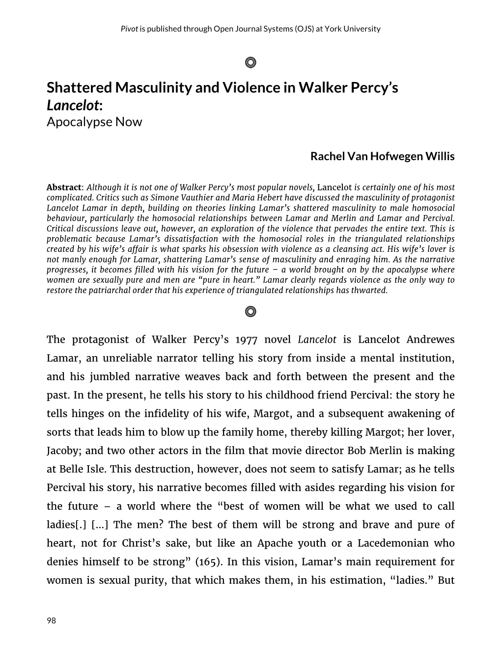 Shattered Masculinity and Violence in Walker Percy's Lancelot