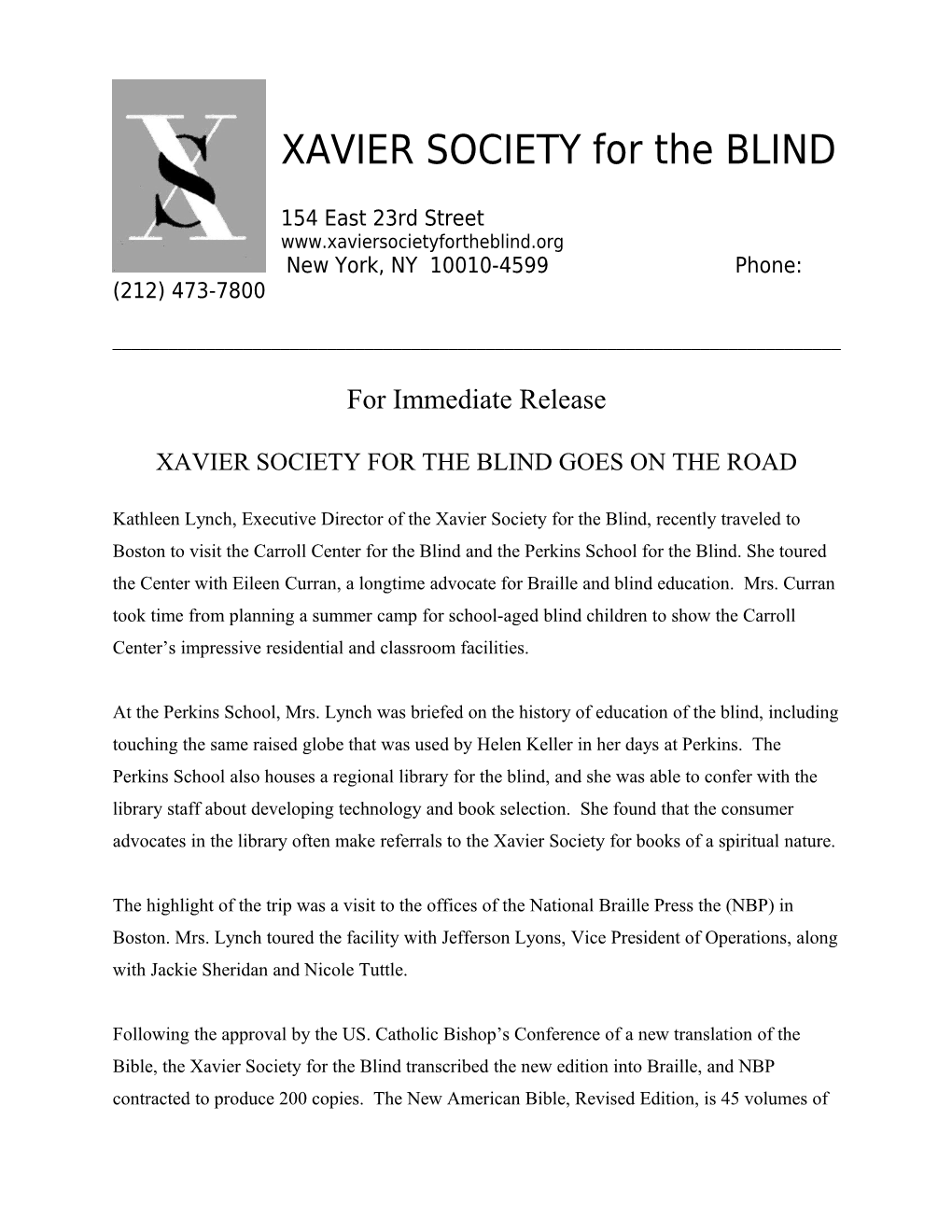 XAVIER SOCIETY for the BLIND