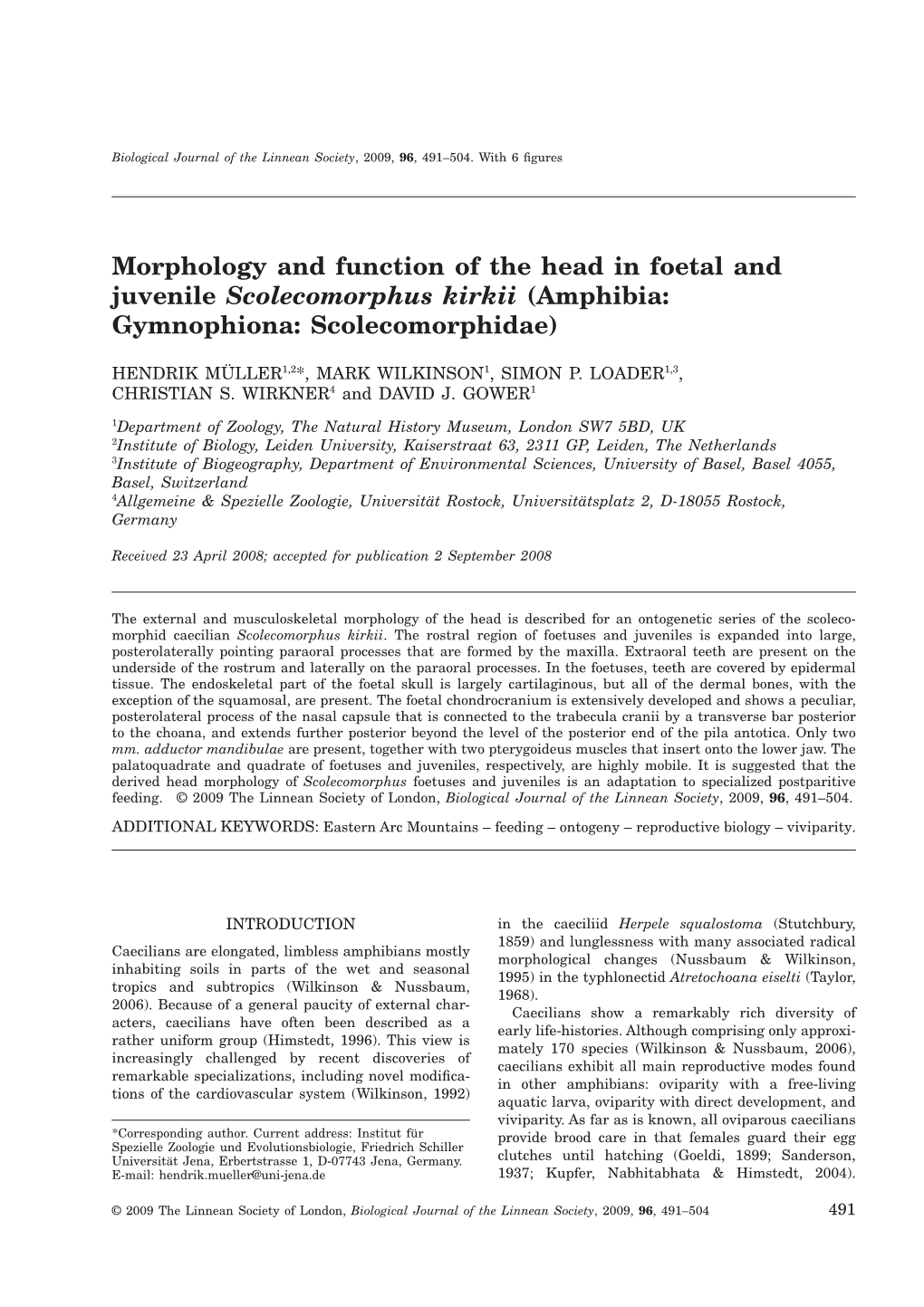 Morphology and Function of the Head in Foetal and Juvenile Scolecomorphus Kirkii (Amphibia: Gymnophiona: Scolecomorphidae)