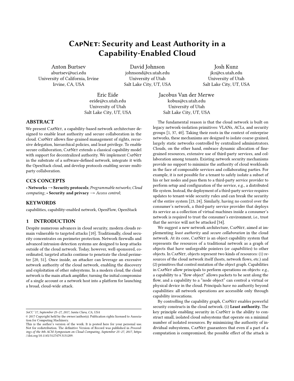 Security and Least Authority in a Capability-Enabled Cloud